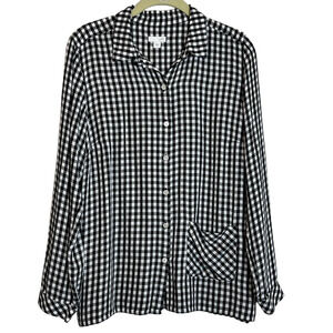 J Jill Womens Blouse Size Small Black White Gingham Button Up Long Sleeve flaw
